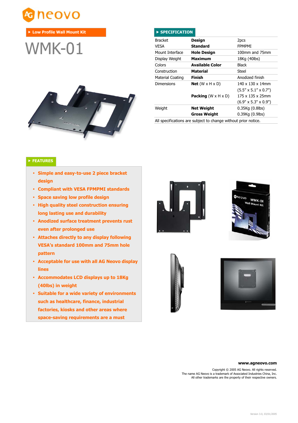 AG Neovo WMK-01 User Manual | 1 page
