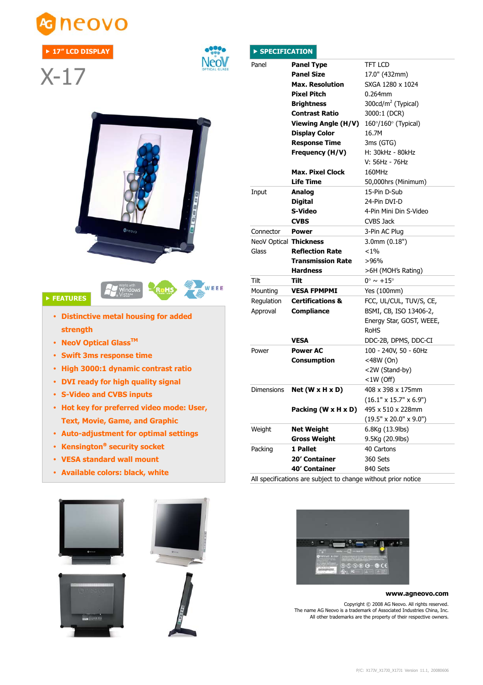 AG Neovo 17" LCD Display X-17 User Manual | 1 page