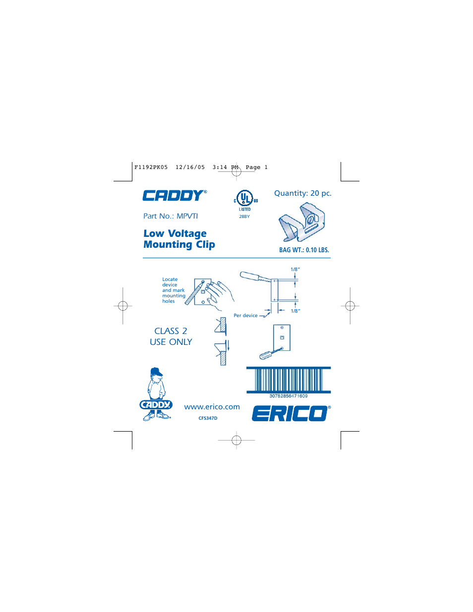 ERICO CADDY MPVTI Low Voltage Mounting Clip User Manual | 2 pages