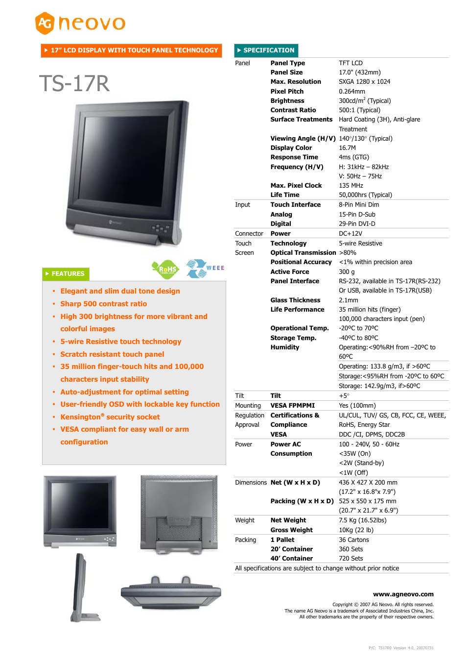 AG Neovo Neovo TS-17R User Manual | 1 page