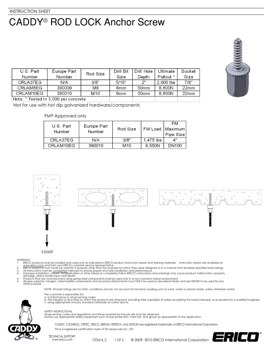 ERICO CADDY ROD LOCK Anchor Screw User Manual | 2 pages
