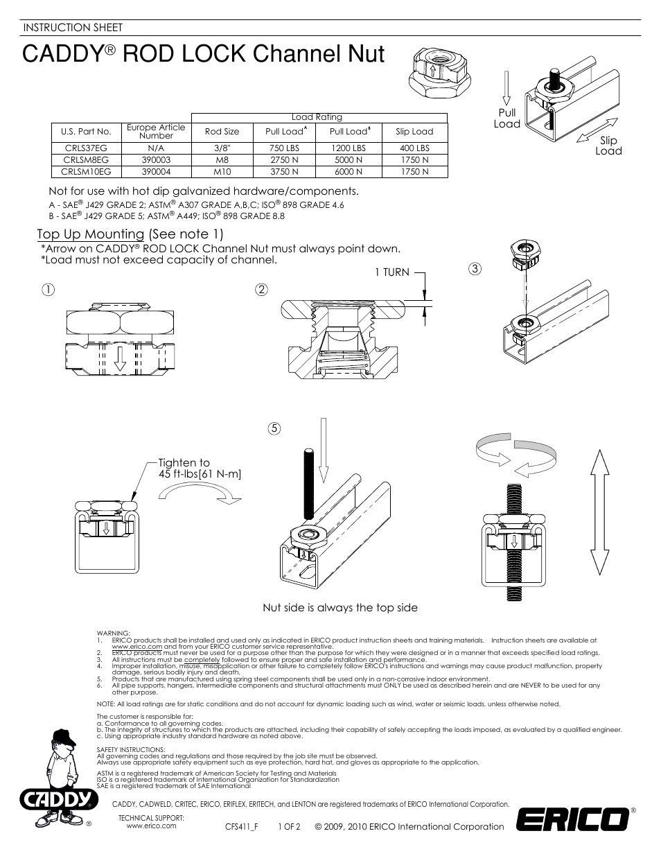 ERICO CADDY ROD LOCK Channel Nut User Manual | 2 pages