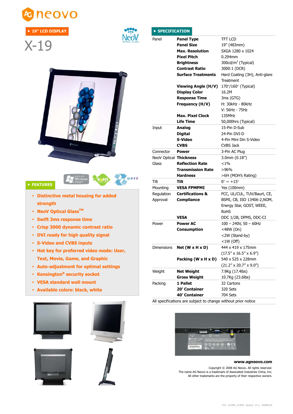 AG Neovo 19" LCD Display X-19 User Manual | 1 page