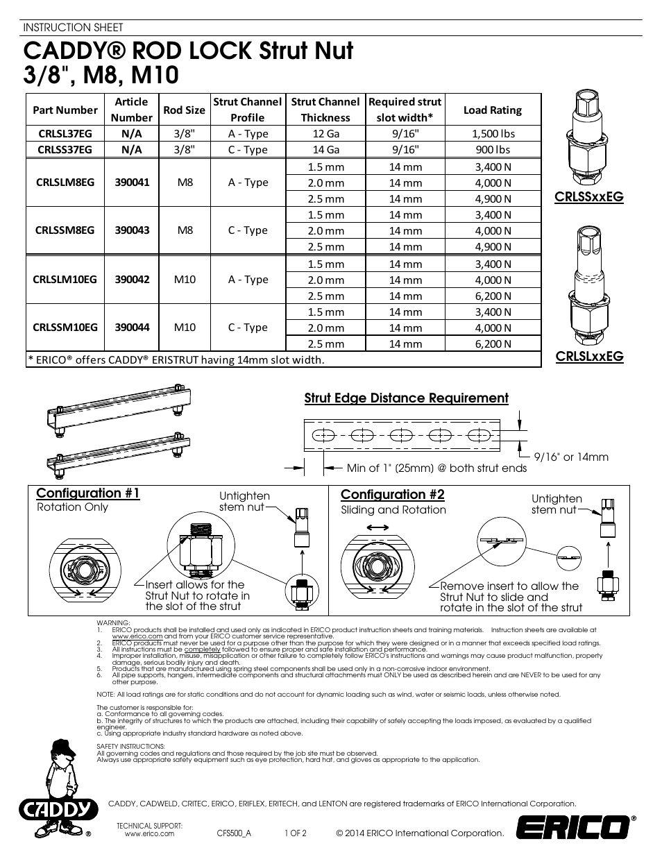 ERICO CADDY ROD LOCK Strut Nut User Manual | 2 pages