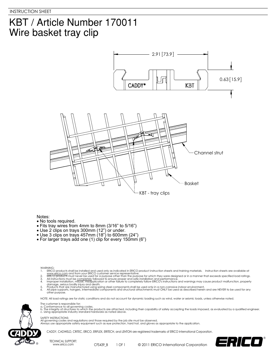 ERICO KBT Wire Basket Tray Clip User Manual | 1 page