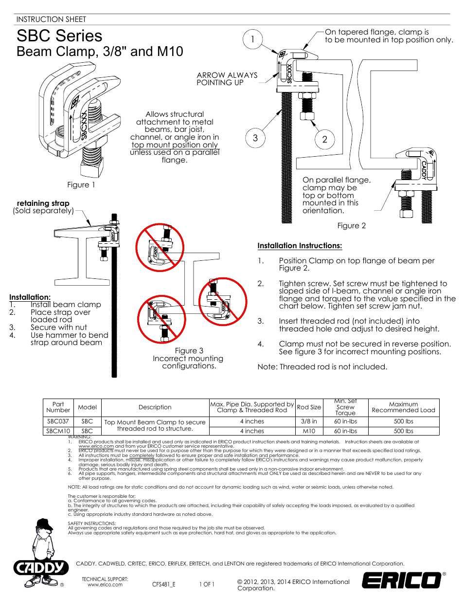 ERICO SBC Series, Beam Clamp, 3/8" and M10 User Manual | 1 page