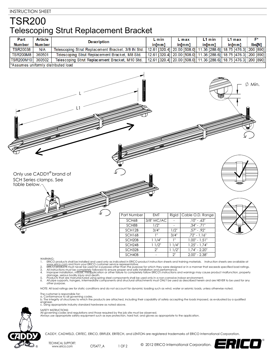 ERICO TSR200 Telescoping Strut Replacement Bracket User Manual | 2 pages