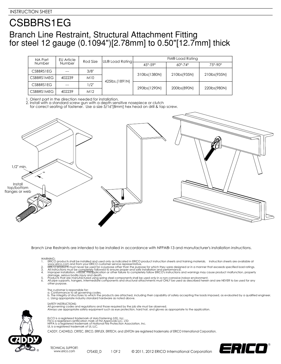 ERICO Branch Line Restraint Strucural Attachment Fitting for Steel 12 gauge User Manual | 2 pages