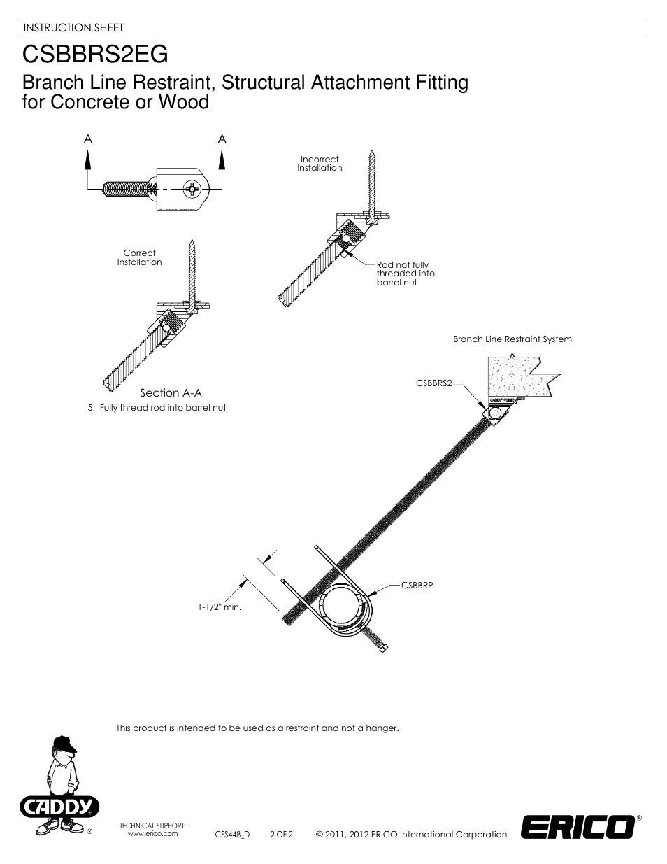 Sheet2, Drawing view61, Drawing view64 | Section view a-a, Section view d-d | ERICO Branch Line Restraint, Structural Attachment Fitting for Concrete or Wood User Manual | Page 2 / 2
