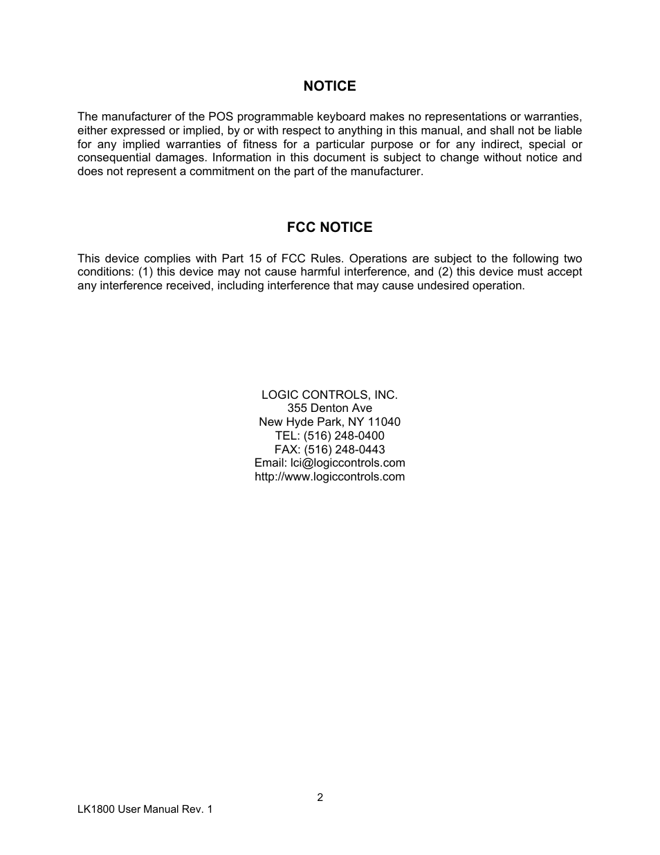 Logic Controls LK1800 User Manual | Page 2 / 26