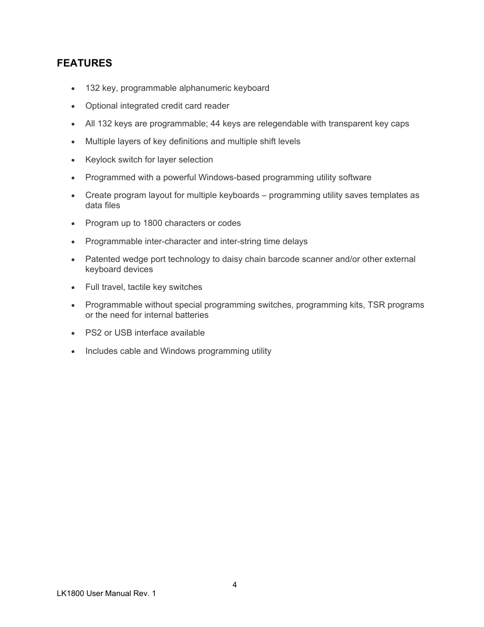 Features | Logic Controls LK1800 User Manual | Page 4 / 26