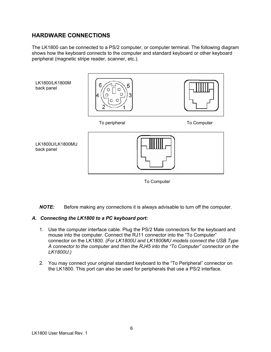 Hardware connections | Logic Controls LK1800 User Manual | Page 6 / 26