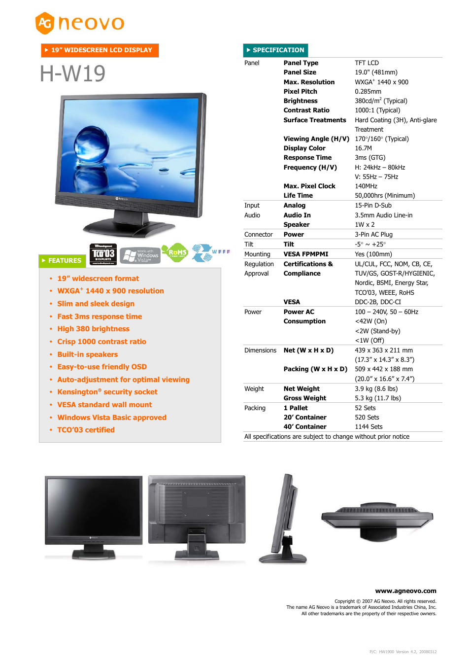 AG Neovo H-W19 User Manual | 1 page