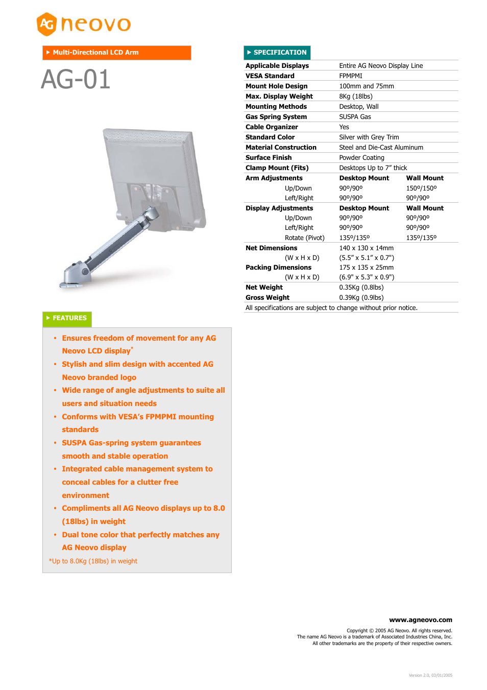 AG Neovo Multi-Directional LCD Arm AG-01 User Manual | 1 page