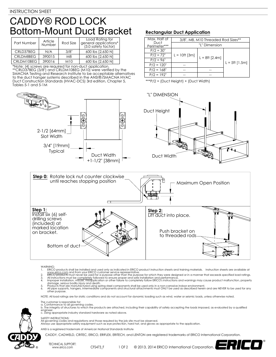 ERICO CADDY ROD LOCK Bottom-Mount Duct Bracket User Manual | 2 pages