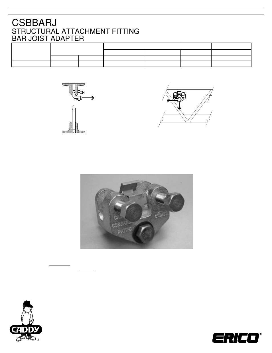ERICO CSBBARJ - Structural Attachment Fitting, Bar Joist Adapter User Manual | 2 pages