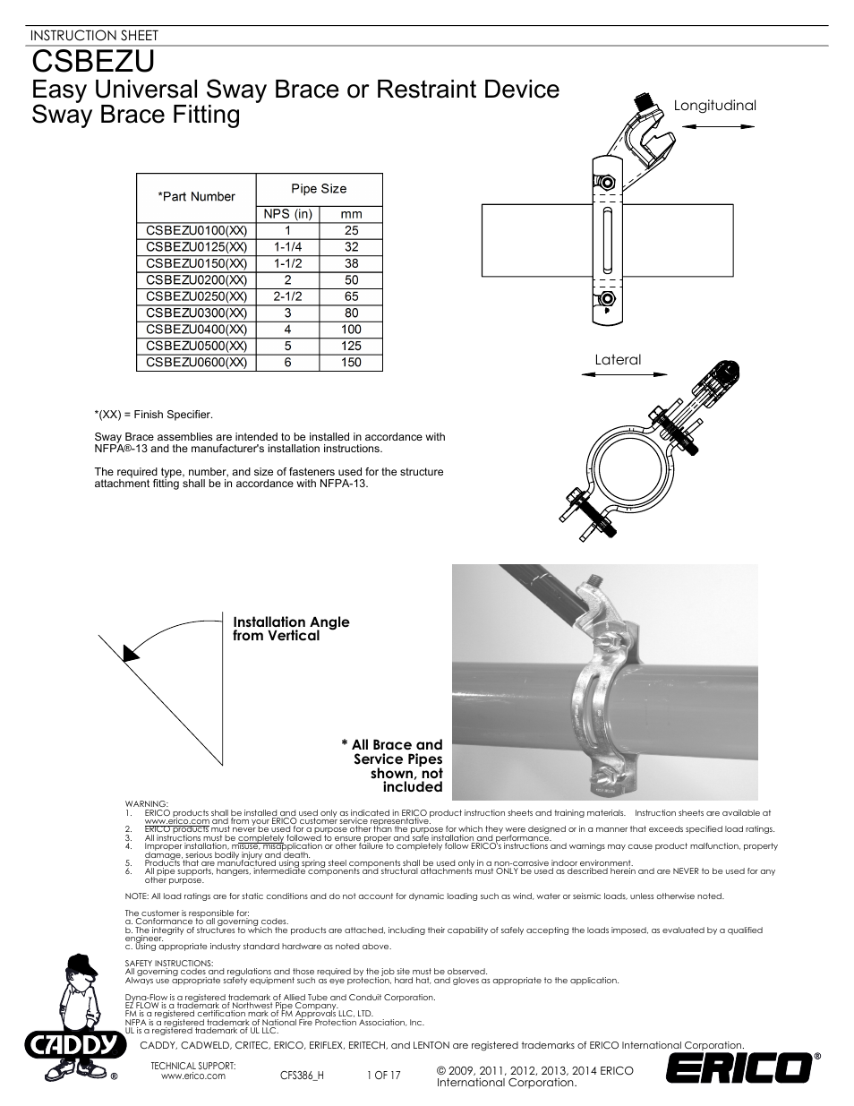 ERICO CSBEZU - Sway Brace Fitting, Easy Universal Sway Brace User Manual | 17 pages