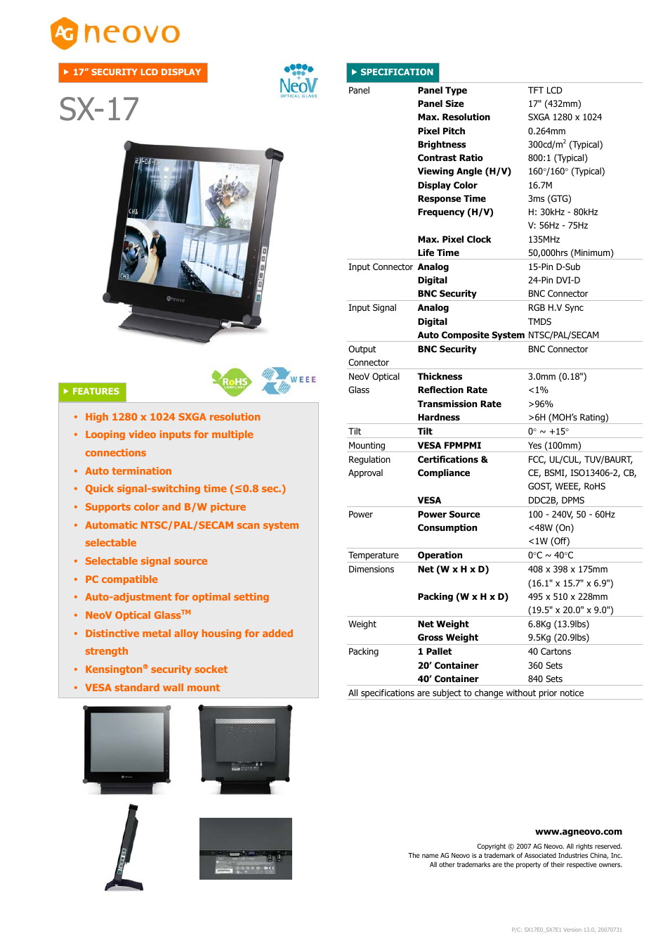 AG Neovo SX-17 User Manual | 1 page