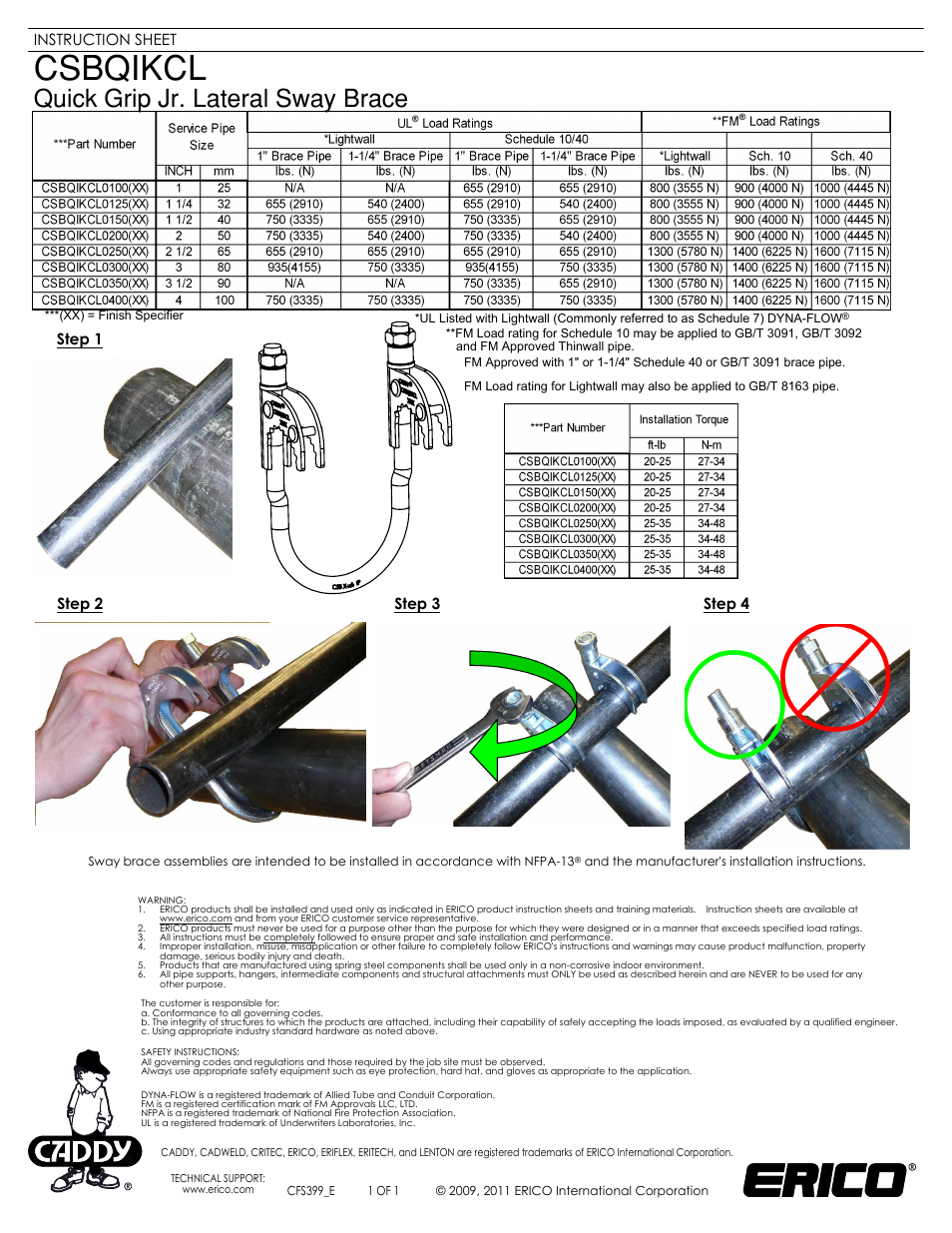 ERICO CSBQIKCL - Quick Grip Jr. Lateral Sway Brace User Manual | 1 page