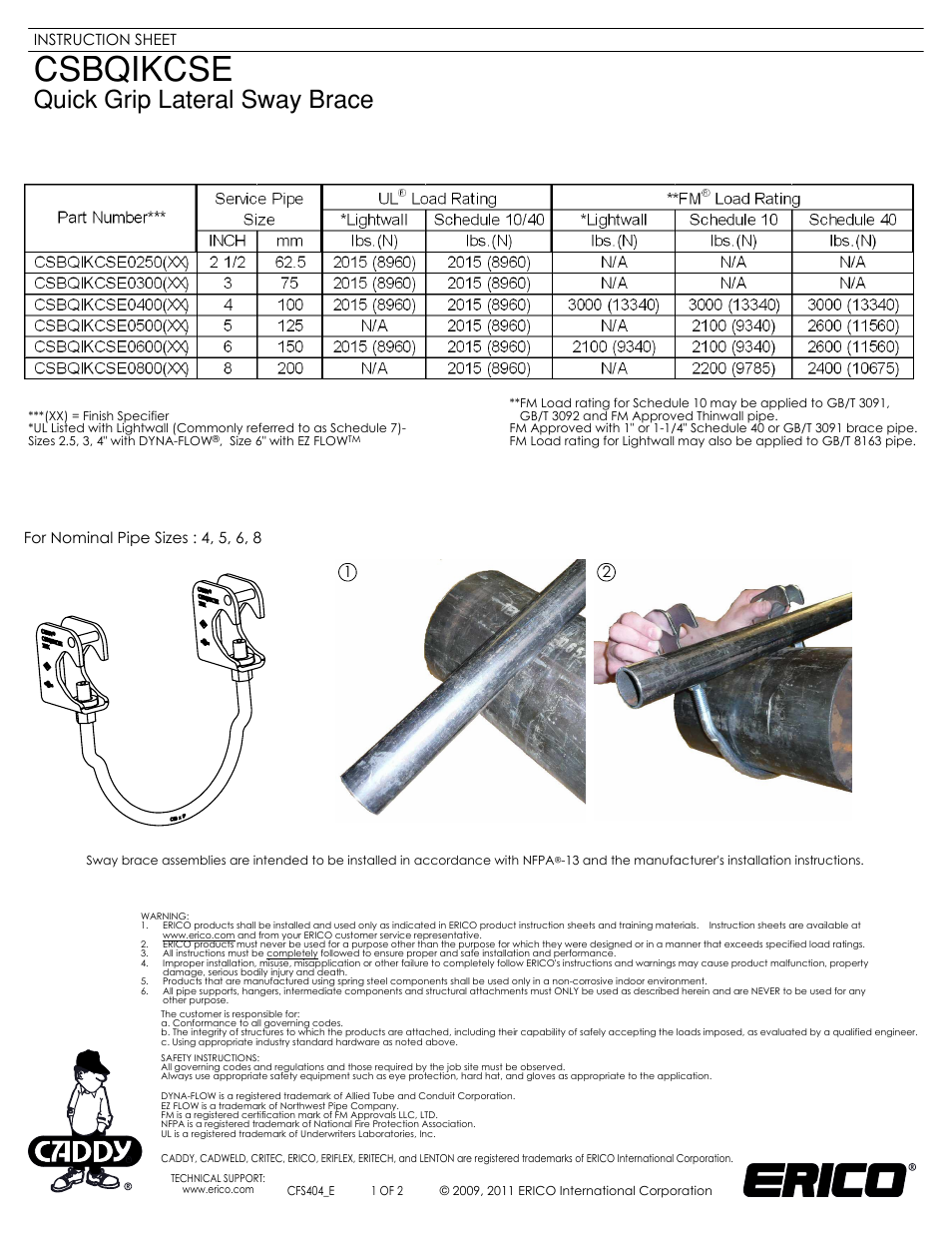 ERICO CSBQIKCSE - Quick Grip Lateral Sway Brace User Manual | 2 pages