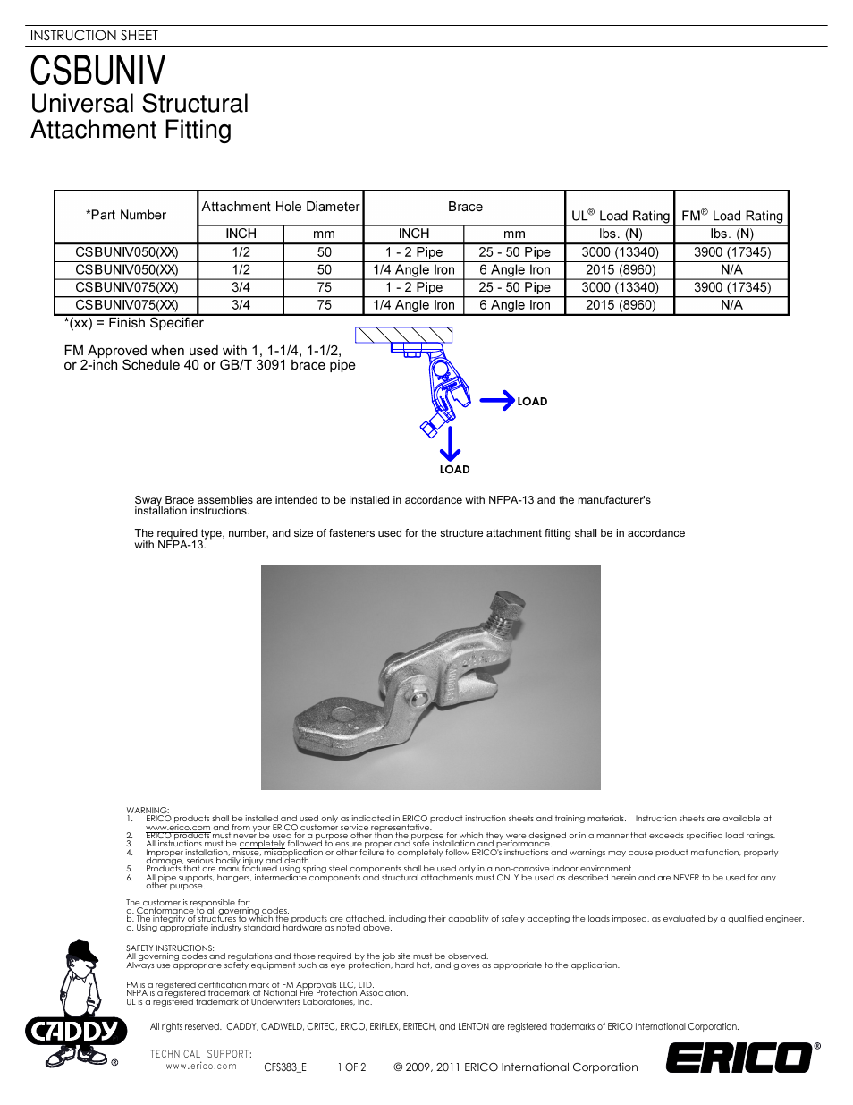 ERICO CSBUNIV - Universal Structural Attachment Fitting User Manual | 2 pages