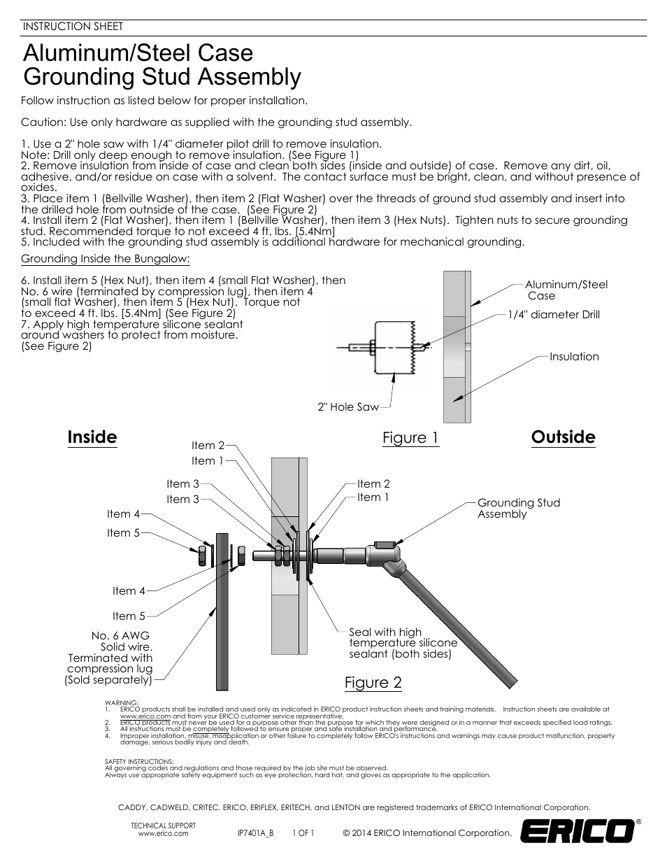 ERICO Aluminum/Steel Case Grounding Stud Assembly User Manual | 1 page