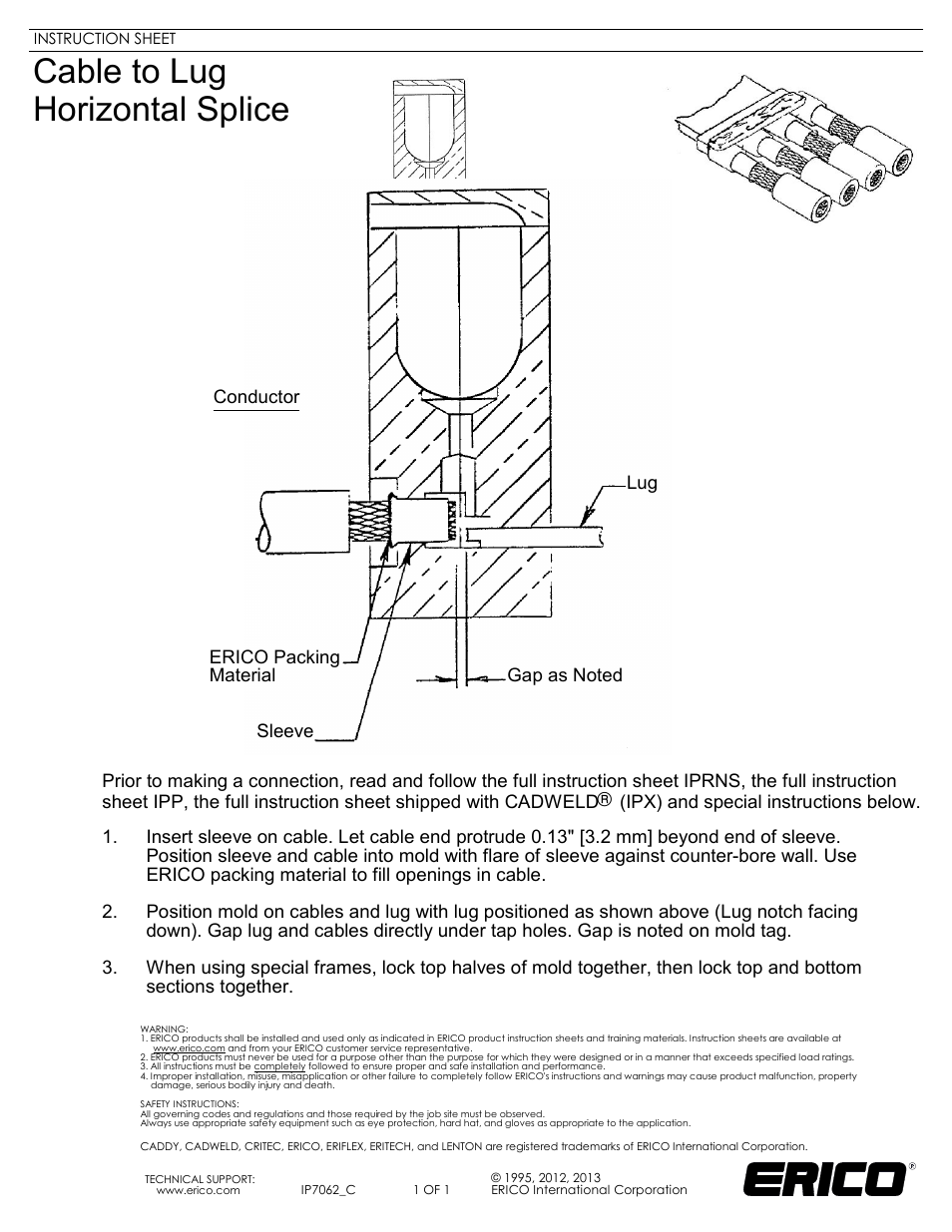 ERICO IP7062 D Cable to Lug Horizontal Splice User Manual | 1 page