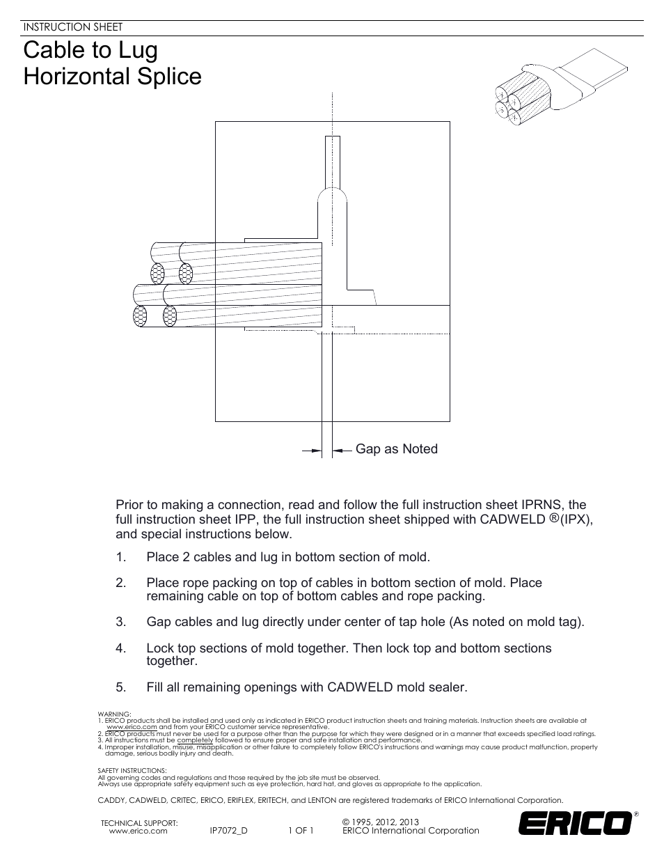 ERICO IP7072 D Cable to Lug Horizontal Splice User Manual | 1 page