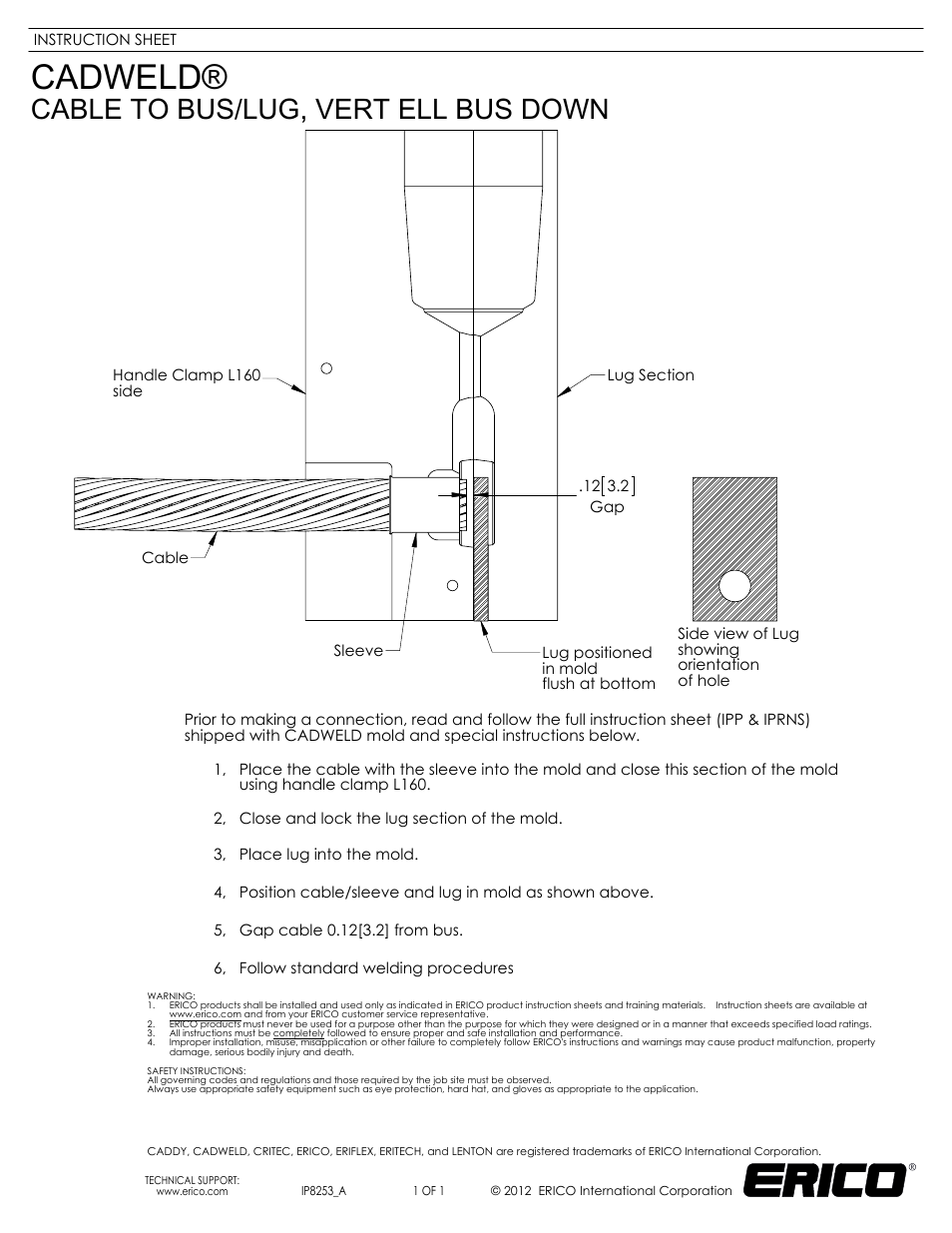 ERICO CADWELD Cable to Bus/Lug, Ver Ell Bus Down User Manual | 1 page