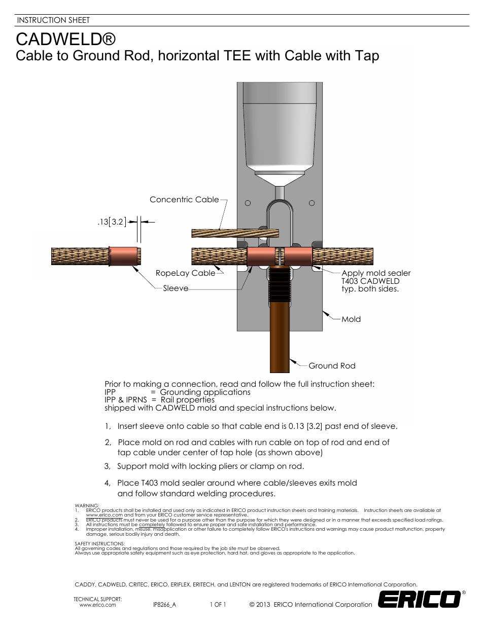 ERICO CADWELD Cable to Ground Rod, horizontal TEE with Cable with Tap User Manual | 1 page