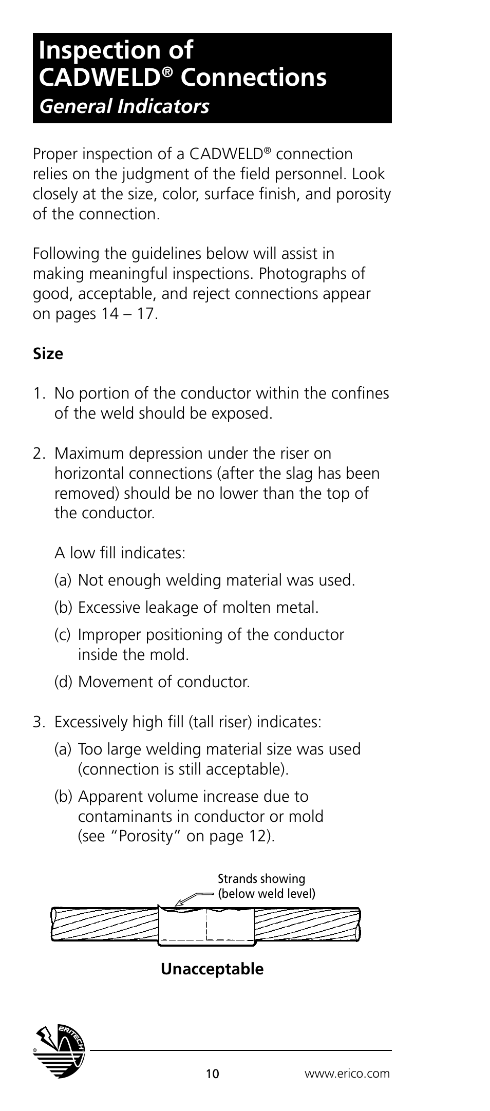 Inspection of cadweld, Connections, General indicators | ERICO CADWELD Electrical Connections User Manual | Page 10 / 24