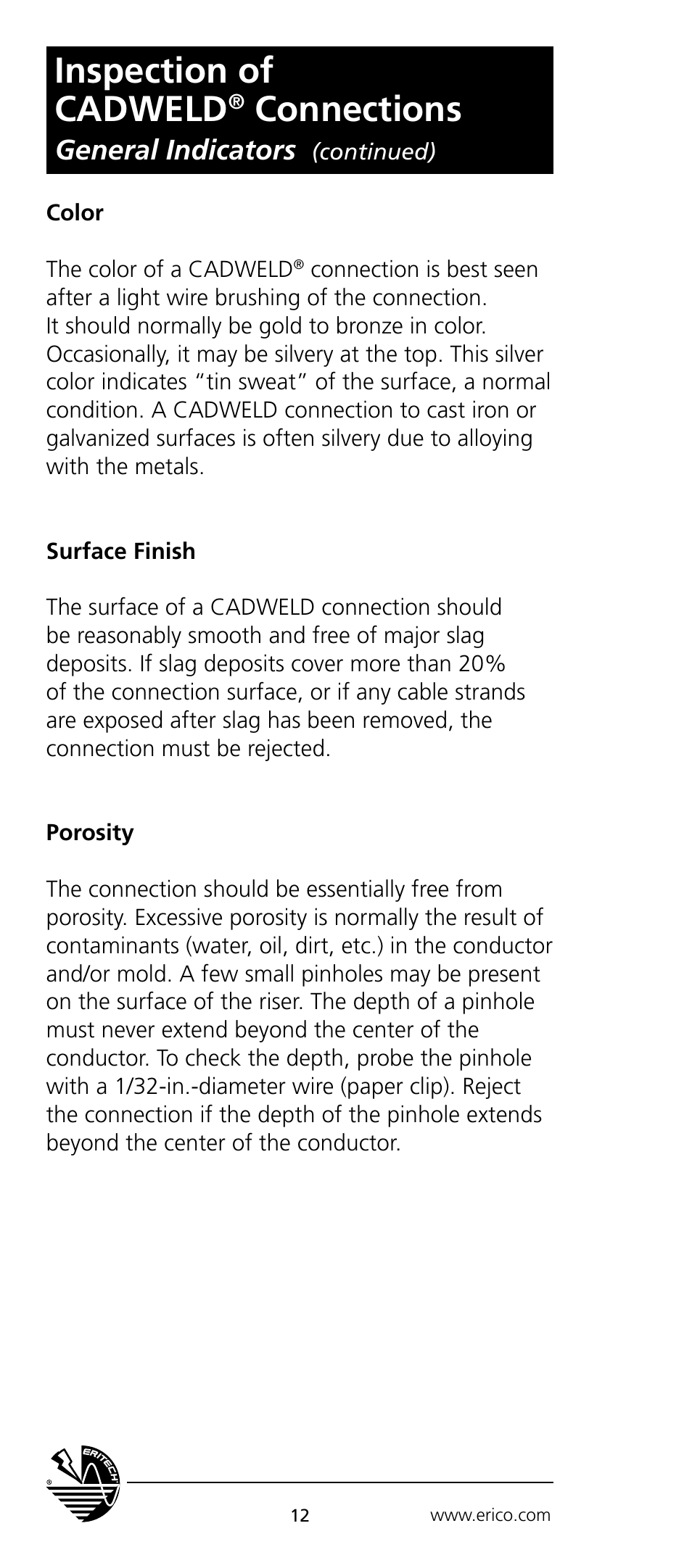 Inspection of cadweld, Connections, General indicators | ERICO CADWELD Electrical Connections User Manual | Page 12 / 24