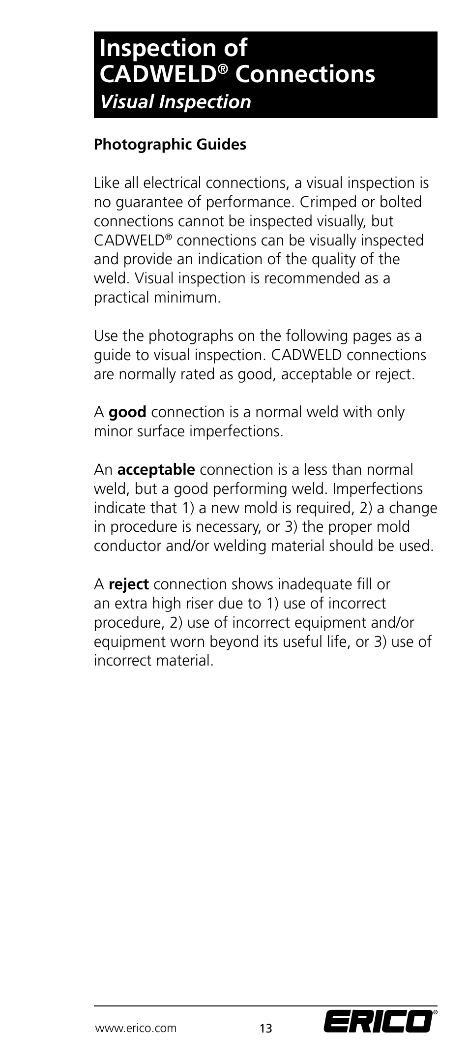 Inspection of cadweld, Connections, Visual inspection | ERICO CADWELD Electrical Connections User Manual | Page 13 / 24