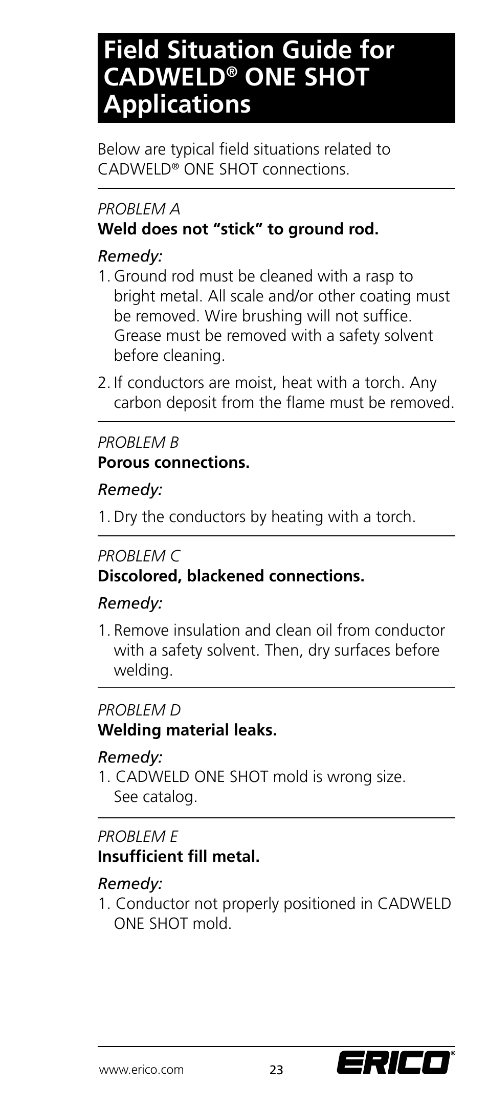 Field situation guide for cadweld, One shot applications | ERICO CADWELD Electrical Connections User Manual | Page 23 / 24