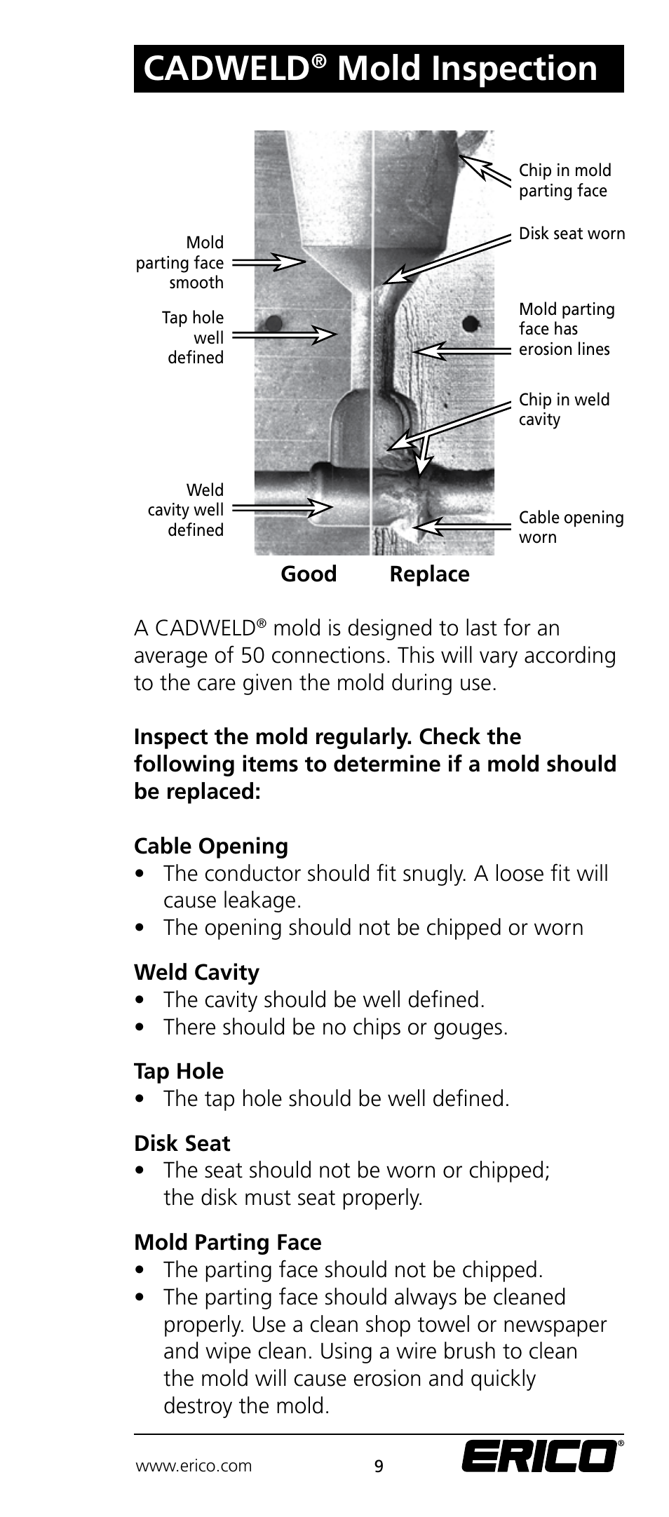 Cadweld, Mold inspection | ERICO CADWELD Electrical Connections User Manual | Page 9 / 24