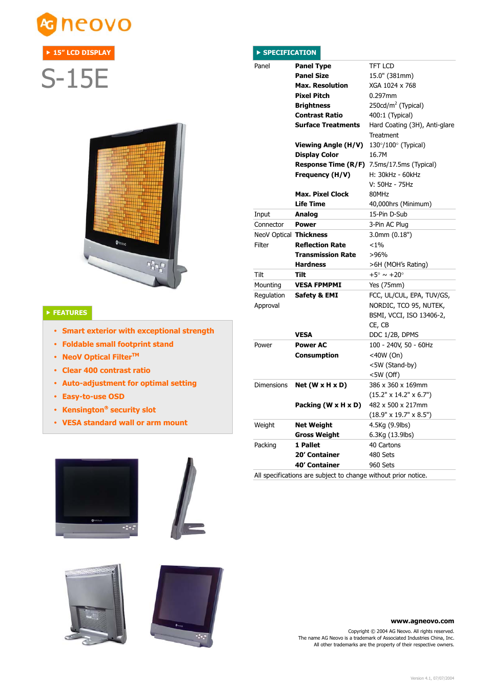 AG Neovo S-15E User Manual | 1 page