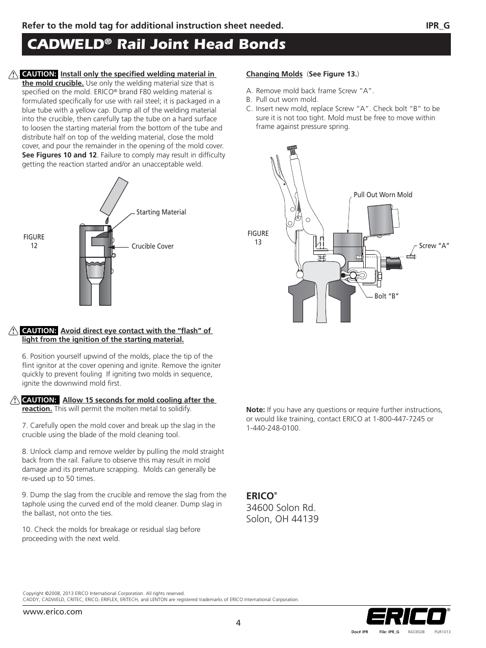 Cadweld, Rail joint head bonds, Erico | ERICO CADWELD Rail Joint Head Bonds User Manual | Page 4 / 4