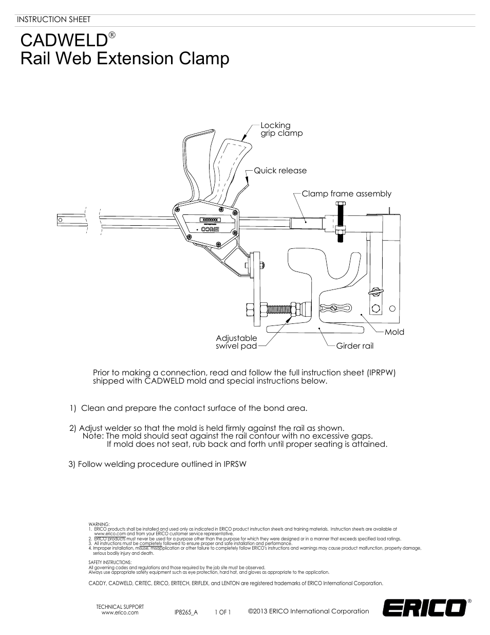 ERICO CADWELD Rail Web Extension Clamp User Manual | 1 page