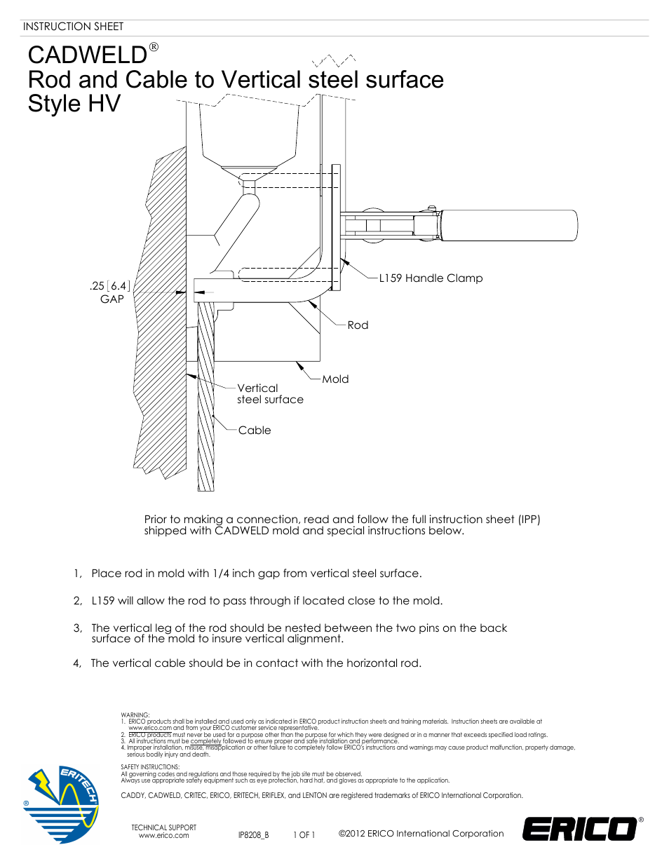 ERICO CADWELD Rod and Cable to Vertical Steel Surface Style HV User Manual | 1 page