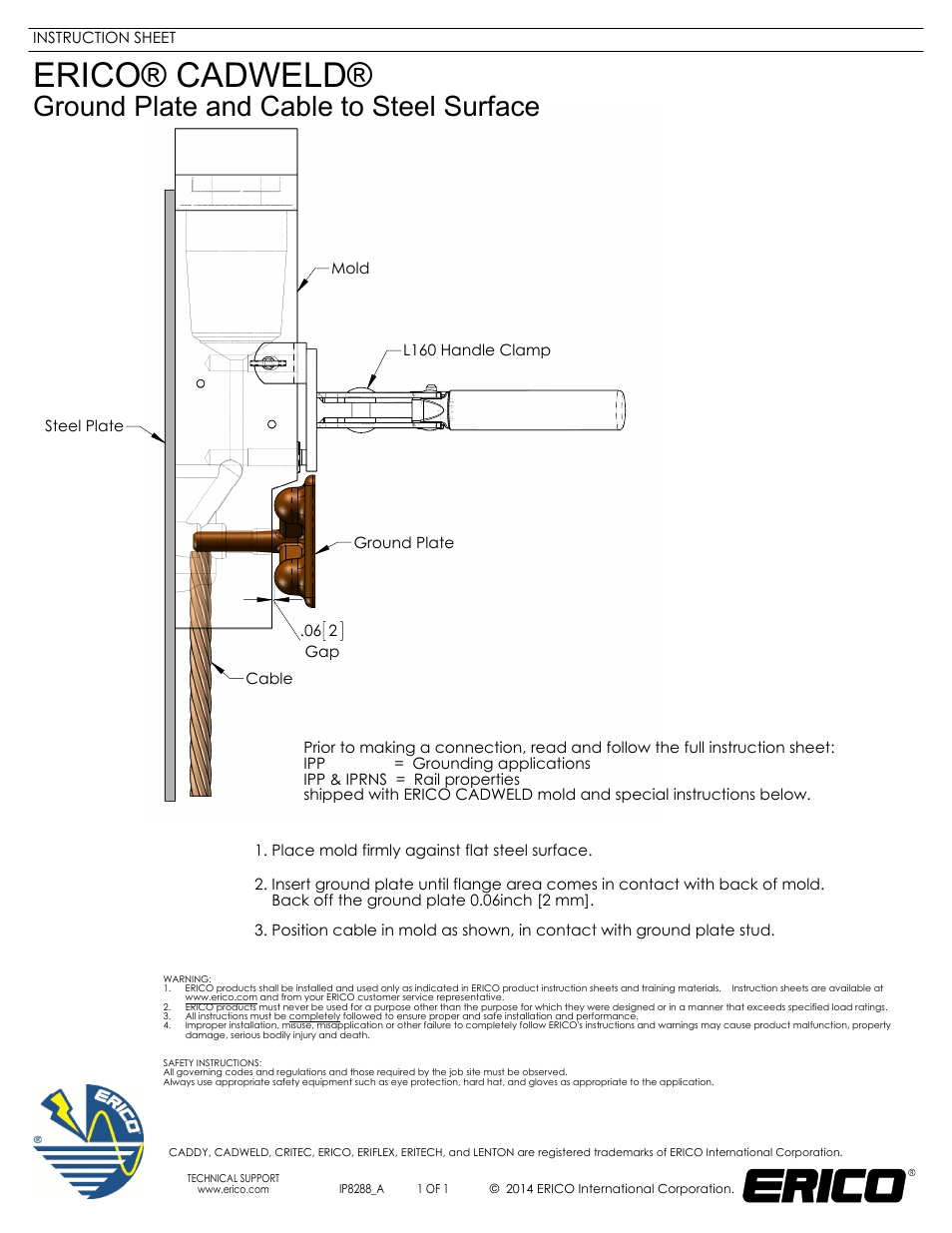 ERICO CADWELD Ground Plate and Cable to Steel Surface User Manual | 1 page