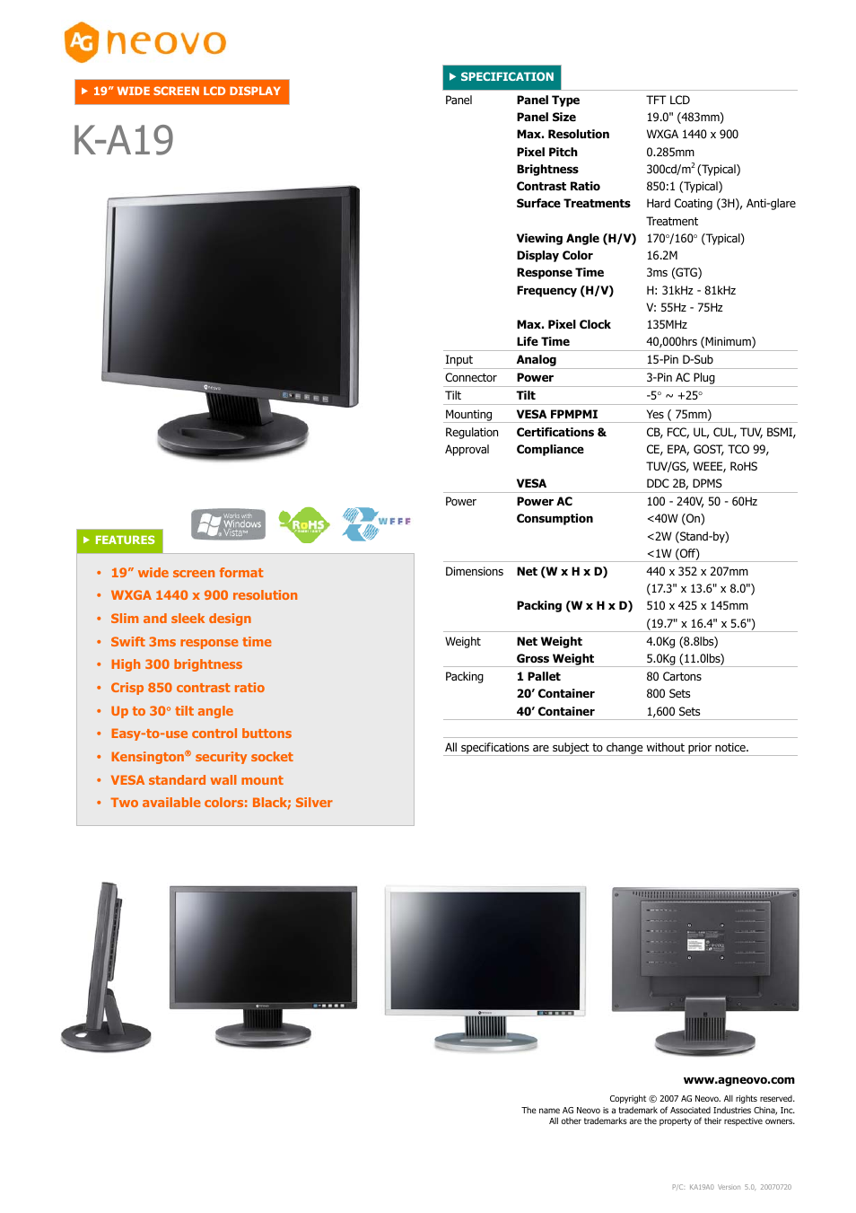 AG Neovo Neovo K-A19 User Manual | 1 page