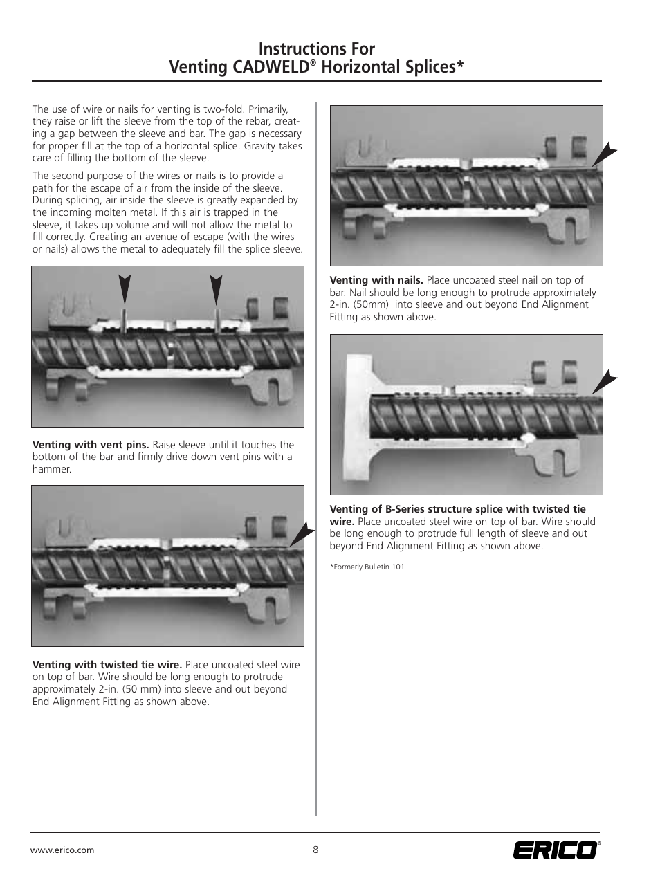 Instructions for venting cadweld, Horizontal splices | ERICO CADWELD for Rebar Splicing System User Manual | Page 10 / 20