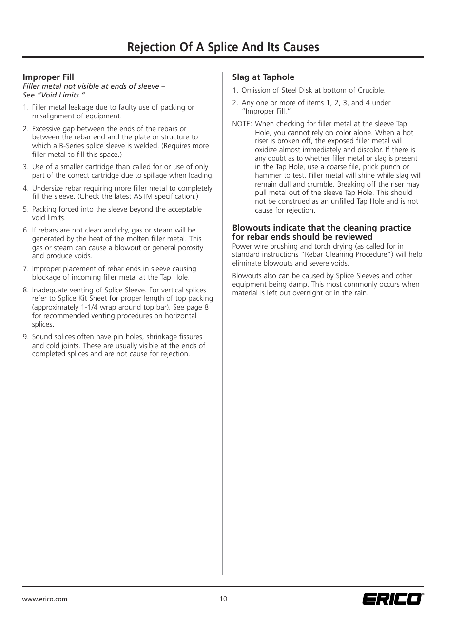 Rejection of a splice and its causes | ERICO CADWELD for Rebar Splicing System User Manual | Page 12 / 20
