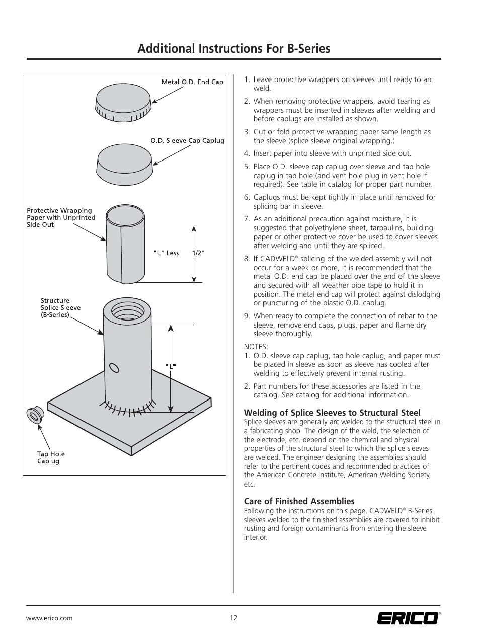 Additional instructions for b-series | ERICO CADWELD for Rebar Splicing System User Manual | Page 14 / 20