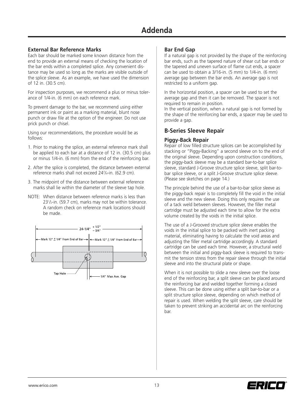 Addenda, B-series sleeve repair | ERICO CADWELD for Rebar Splicing System User Manual | Page 15 / 20