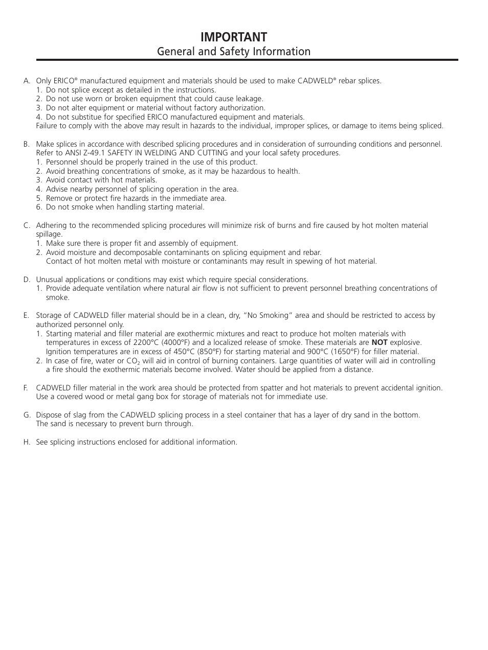Important, General and safety information | ERICO CADWELD for Rebar Splicing System User Manual | Page 2 / 20
