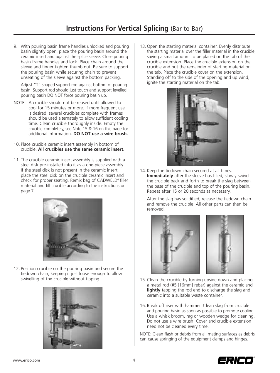 Instructions for vertical splicing, Bar-to-bar) | ERICO CADWELD for Rebar Splicing System User Manual | Page 6 / 20