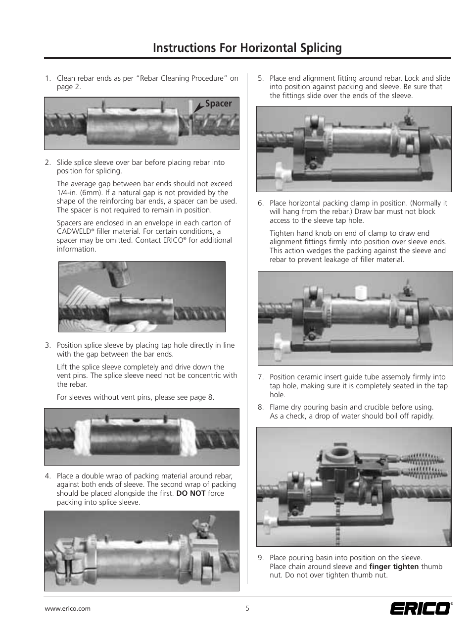 Instructions for horizontal splicing, Spacer | ERICO CADWELD for Rebar Splicing System User Manual | Page 7 / 20