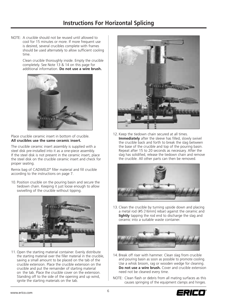 Instructions for horizontal splicing | ERICO CADWELD for Rebar Splicing System User Manual | Page 8 / 20