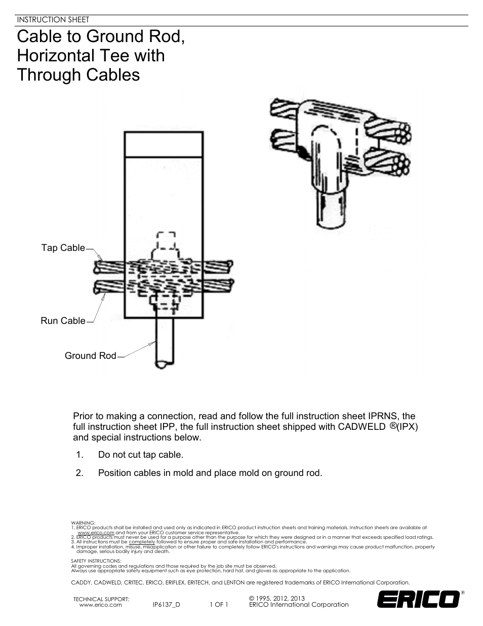 ERICO IP6137 Cable to Ground Rod, Horizontal Tee with Through Cables User Manual | 1 page